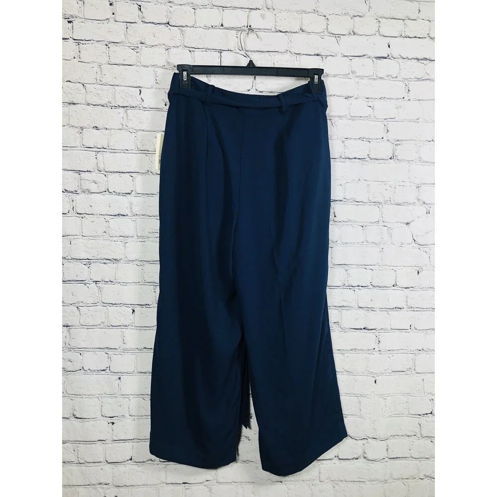 A New Day Women’s Navy Blue Wide Leg Zip Fly Tie Waist  Pockets Crop Pants Sz 10